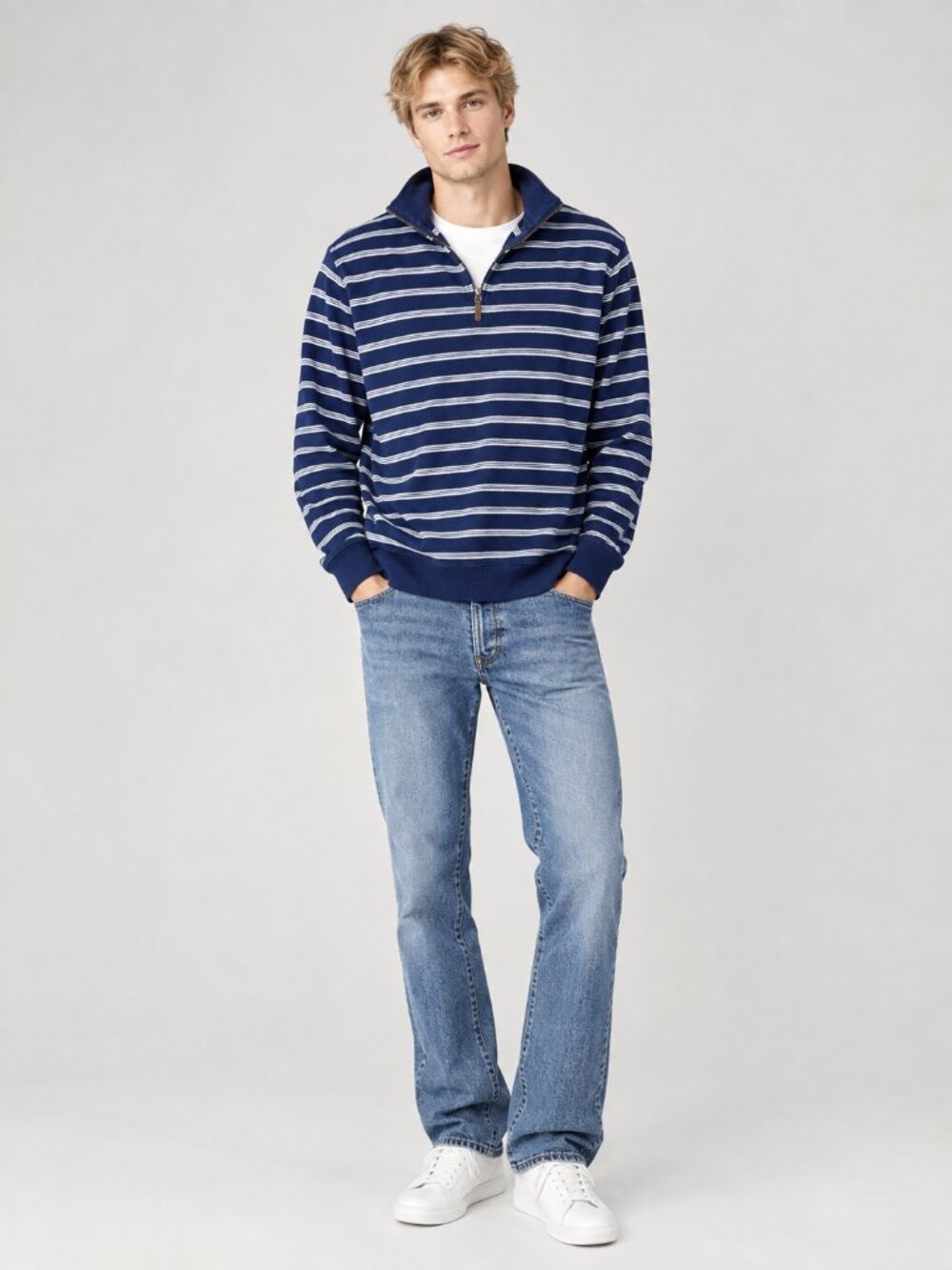 2/$30 Lands' End Striped Quarter Zip Pullover Sweater Nautical Navy Large #A4983